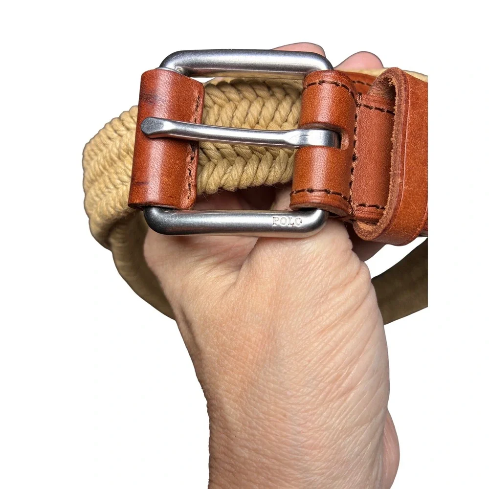 Polo Ralph Lauren Braided Rope Leather Trim Belt Tan Brown Size 36